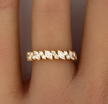 FANA Anniversary Band 0.74 CT Marquise Round Cut 14K Yellow Gold Ring