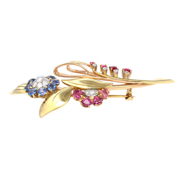 Diamond Flower Brooch Ruby Sapphire Tourmaline Vintage Pin 14K Yellow Gold