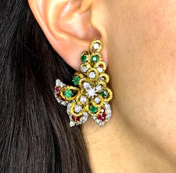Estate Vintage 18K Gold Natural Diamond Earrings With Ruby And Emerald 11.8 ct