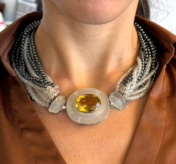 PETOCHI Citrine and Frosted Rock Crystal, Hematite 18K White Gold Necklace Italy