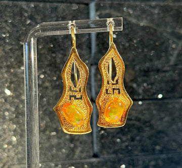 Fire Opal Long Drop Earrings Geometric Vintage Look 18K Yellow Gold