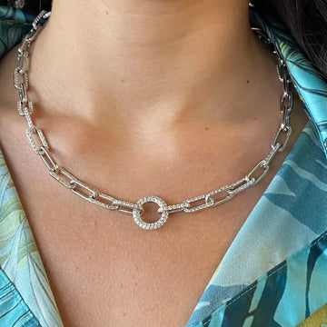 Paperclip Link Necklace 24.00 CT Diamond 18K White Gold 24 Inches Long Pave