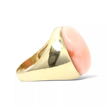 Oval Coral Cabochon Large Statement Ring 14K Yellow Gold