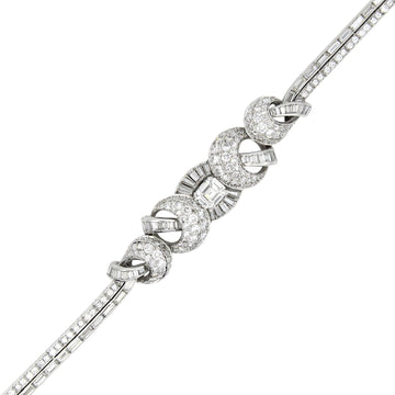 Antique French Art Deco 1920s Platinum Diamond Bracelet 9.25 CT Round, Emerald