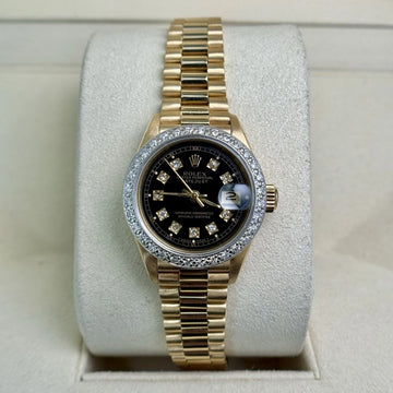 Rolex Lady-Datejust 26mm President Black Diamond Dial Bezel 18K Yellow Gold