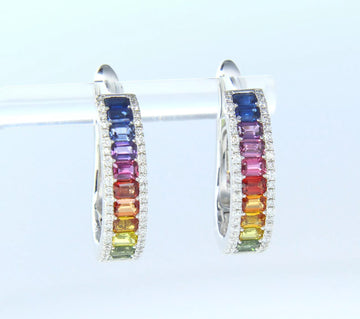 Rainbow Sapphire Multi Stone Diamond Gold Earrings 0.35 CT 14K White Gold