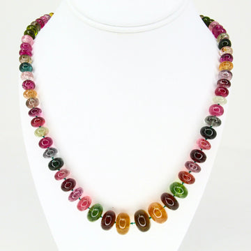 Multi Color Tourmaline Beaded Long Necklace 14K Yellow Gold Clasp 28 Inch