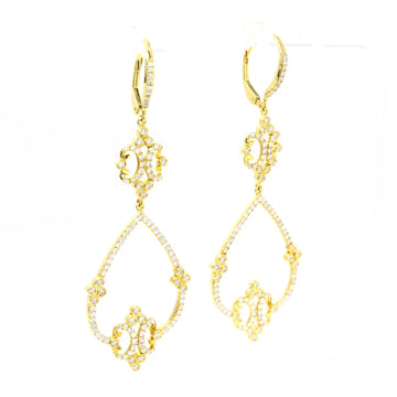 Diamond 0.80 CT Dangle Drop Earrings Ornate Filigree Design 14K Yellow Gold