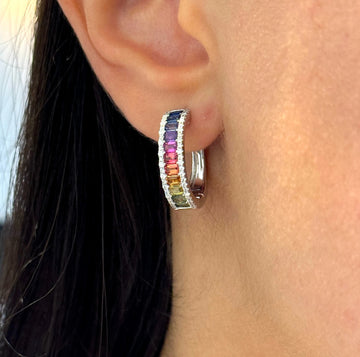 Rainbow Sapphire Multi Stone Diamond Gold Earrings 0.35 CT 14K White Gold