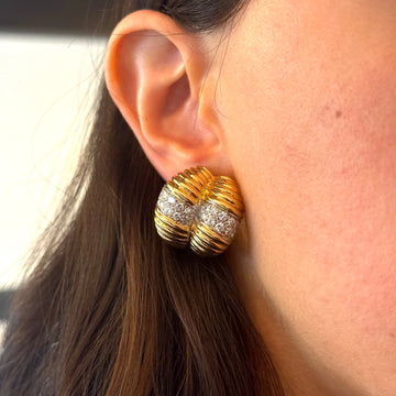 Diamond Ribbed Clip-On Dome Earrings 3 CT 18K Yellow Gold