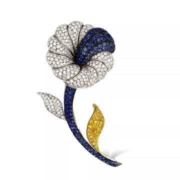 Vintage Flower Brooch Natural Diamond 5 CT and Blue Sapphire 6 CT 18K White Gold