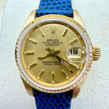 Rolex Lady Datejust 26mm Yellow Gold Fluted Bezel Champagne Dial Leather Band