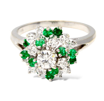 Estate 14K White Gold 0.40 ct Natural Green Emerald Diamond Stone Ring Size 6.5