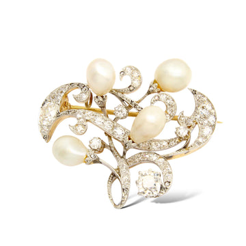 Edwardian Antique GIA Natural Pearl Diamond 3.03 CT 18K Gold Platinum Brooch