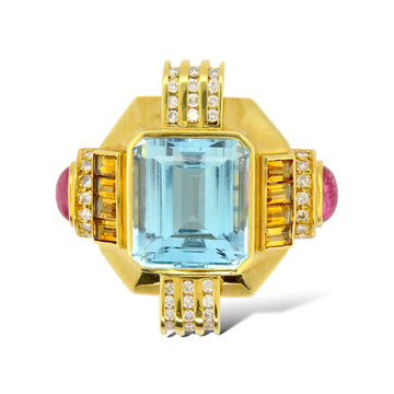 LAGOS Large Blue Topaz, Diamond 1.25ct, Pink Tourmaline and Citrine Brooch