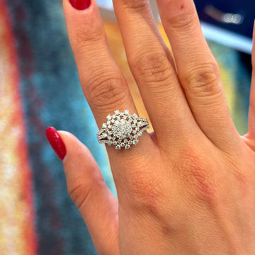 Cluster Diamond Ring 1.46 CT Sparkling Halo Statement Piece 18K White Gold