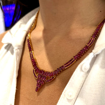 Estate Vintage 14K Yellow Gold Red Ruby 45-50 CT Necklace 21" inches