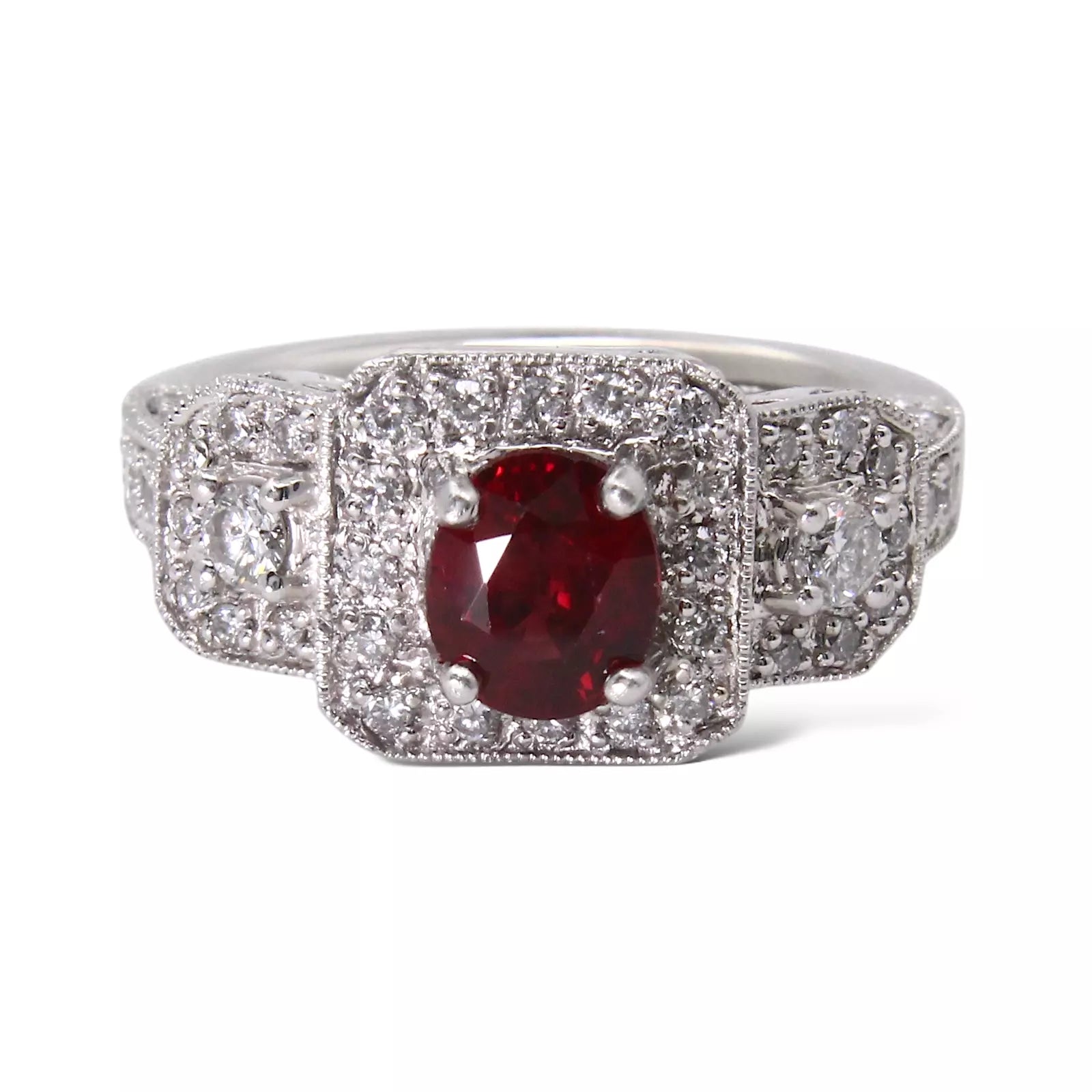 Garnet Diamond Ring 1 CT Platinum 900 Ring Size 6 1/2