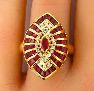 Estate 2.15 CT Natural Red Ruby 18K Yellow Gold Diamond 0.31 CT Ring Size 8 1/4