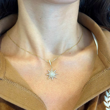 Diamond Starburst Pendant Necklace 0.64 ct Celestial Design 18K Yellow Gold