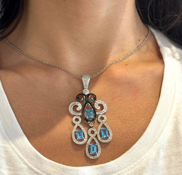 Large Blue Topaz Pendant Natural Diamonds 14K White Gold Black Rhodium Swirly