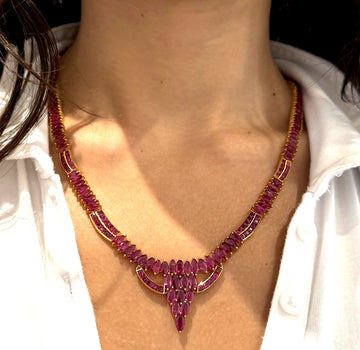 Estate Vintage 14K Yellow Gold Red Ruby 45-50 CT Necklace 21" inches