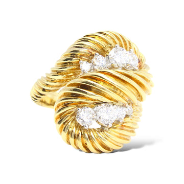 KURT WAYNE Bypass Shrimp Gold Diamond 1.65ct Ribbed Dome Ring 18K Yellow Gold