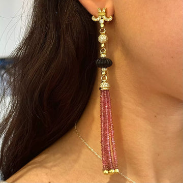 Estate 18K Yellow Gold 2.80 CT Natural Diamond Black Onyx Drop Dangle Earrings