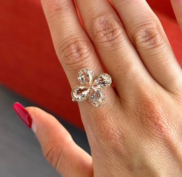 EFFY Morganite 3 CT Cocktail Diamond Flower Ring 14K Rose Gold Statement Piece