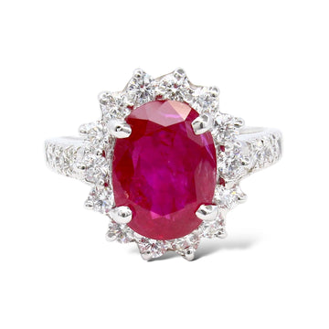 GIA Natural Burma Ruby NO HEAT 3.97 CT Diamond 0.80 CT Halo Ring 18K White Gold