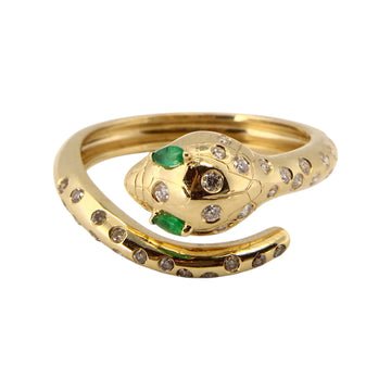 Snake Ring 18K Yellow Gold 30-40pt Diamonds Green Emerald Eyes Size 5.25