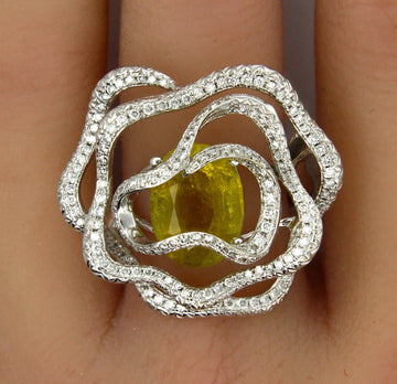 Estate 18K White Gold Natural Yellow Tourmaline 4.93 CT and Diamond 0.97 CT Ring