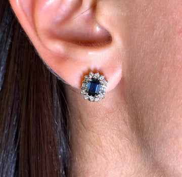 2.10 CT Sapphire and Diamond Halo Earrings Emerald Cut Design 18K White Gold