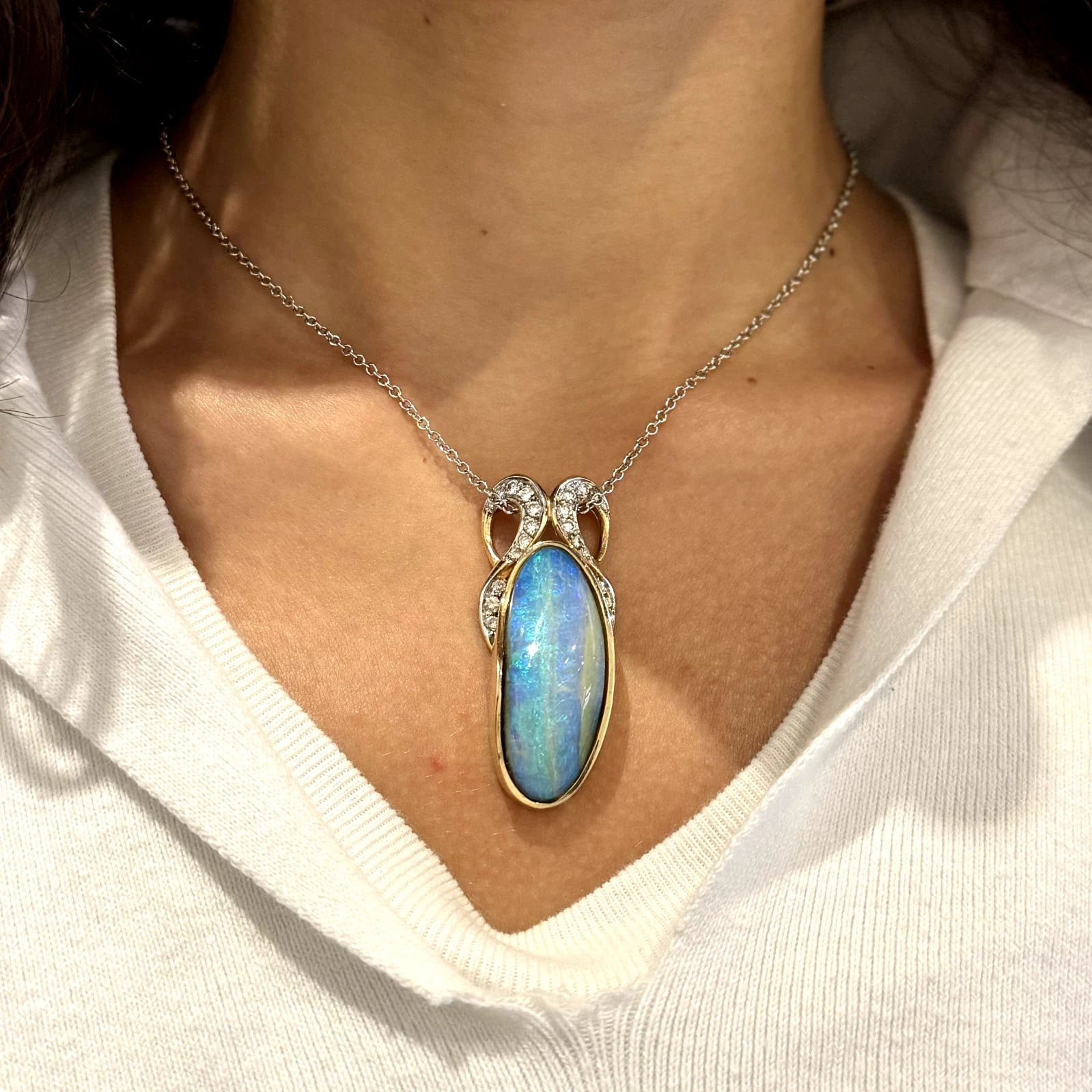 Boulder Opal Vintage Pendant and Natural White Diamonds 0.90 CT 14K Yellow Gold