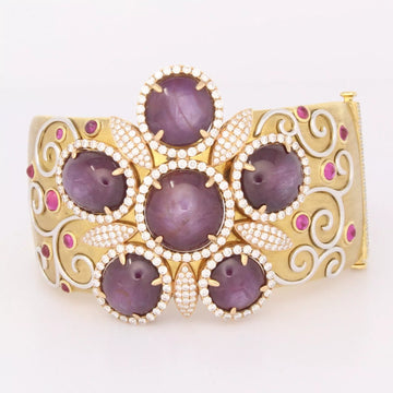 Large Vintage 18k Yellow Gold Ruby Star Flower 5.50ct Diamond Bracelet 113 Grams