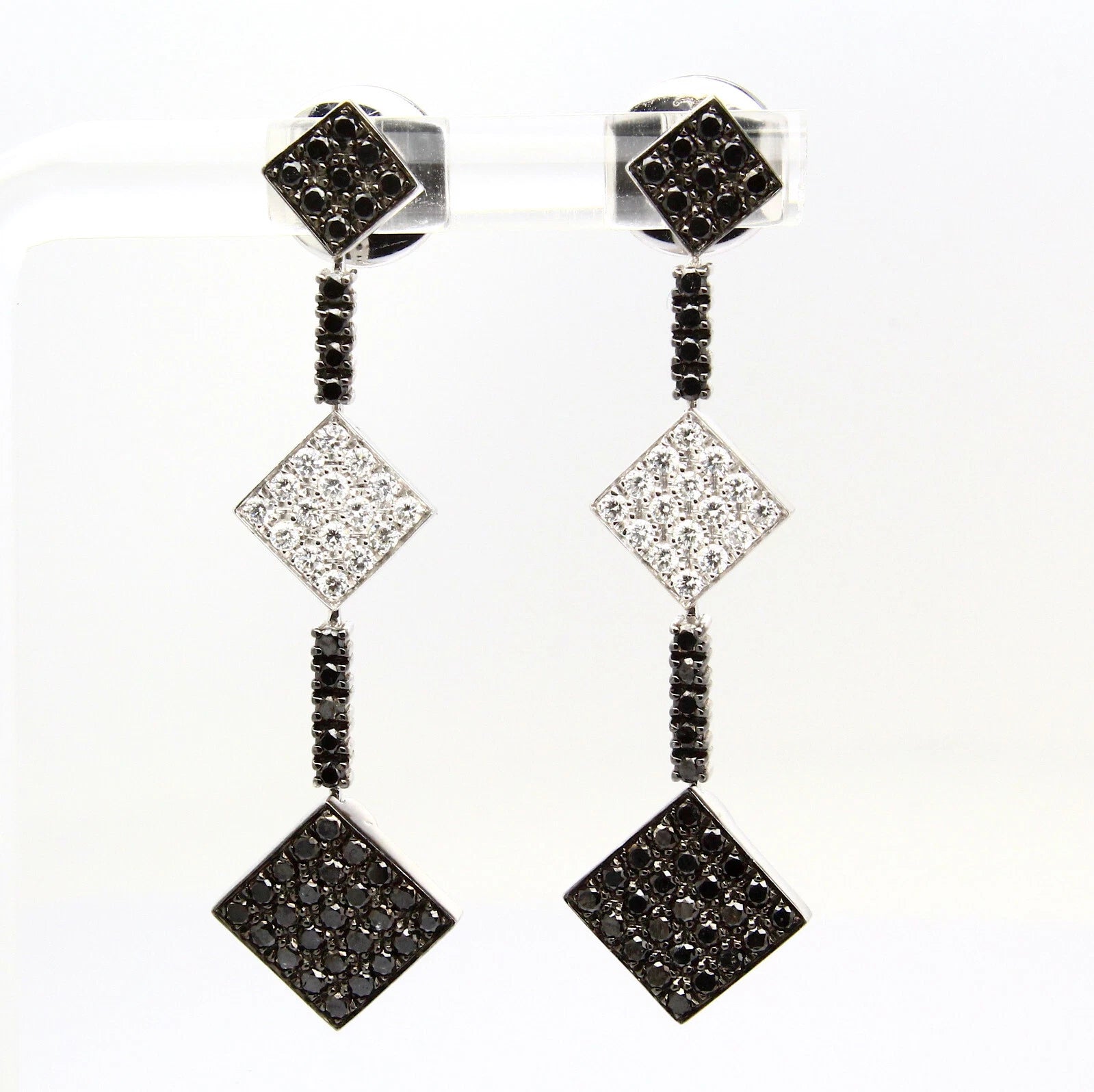Estate 1 CT Natural White and Black Diamond Dangle Earrings In 18K White Gold