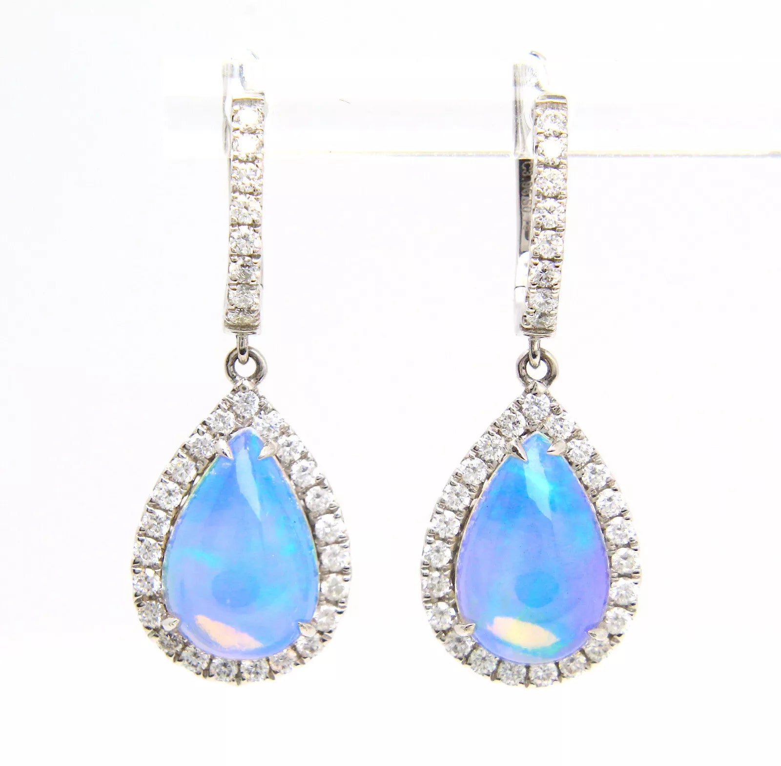 Opal and Diamond Drop Dangle Hoop Earrings 14K White Gold