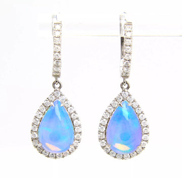 Opal and Diamond Drop Dangle Hoop Earrings 14K White Gold