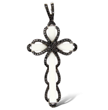 Estate Black Diamonds 0.75CT Pendant 18K White Gold Enamel Cross Rhodium Plated