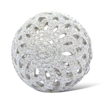 Domed Diamond Gold Floral Cocktail Ring 1.65 CT Size 7 18K White Gold