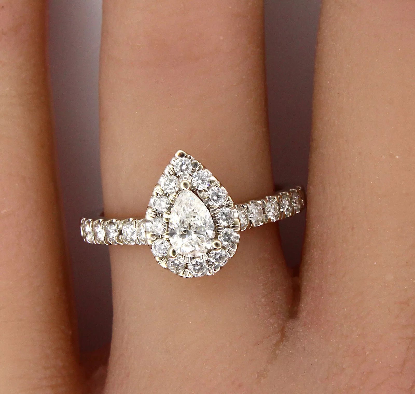 1 CTW Pear Cut Natural Diamond Engagement 14K Halo Round Brilliant Ring
