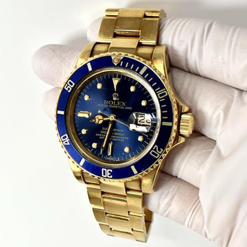 Rolex Submariner Date Vintage Yellow Gold Blue Nipple Dial Patina 1980s 1981 BOX