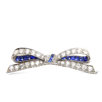 6.70 CT Diamond and Blue Sapphire Bow Brooch Vintage Art Deco Style Pin Platinum