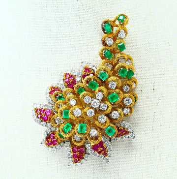 Vintage 15.9ct 18K Gold Brooch Natural Diamonds, Ruby and Emerald Gemstone 67.8g