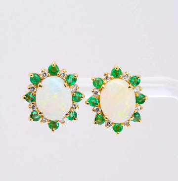 Opal Emerald Diamond 14k Yellow Gold Handmade Stud Earrings