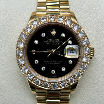 Rolex Lady-Datejust 26mm President Black Diamond Dial Bezel 18K Yellow Gold 1987