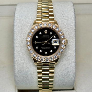 Rolex Lady-Datejust 26mm President Black Diamond Dial Bezel 18K Yellow Gold 1987