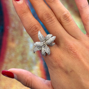 Diamond Flower Ring 2.50 CT Pave Petal Cocktail 14K White Gold Size 9