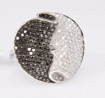 18K White Gold Black & White Diamond Yin Yang Cocktail Ring Bold Statement Piece