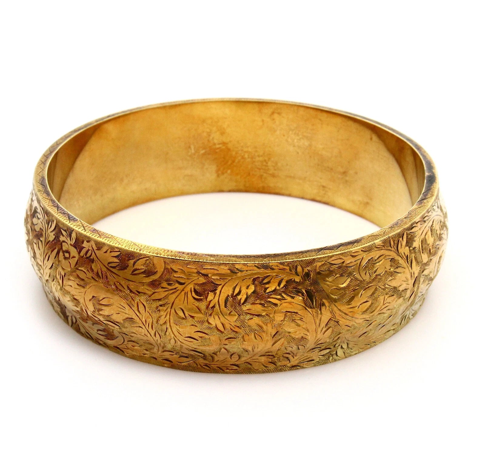 Antique Victorian Era 14K Yellow Gold Floral Etched Large Cuff Bangle